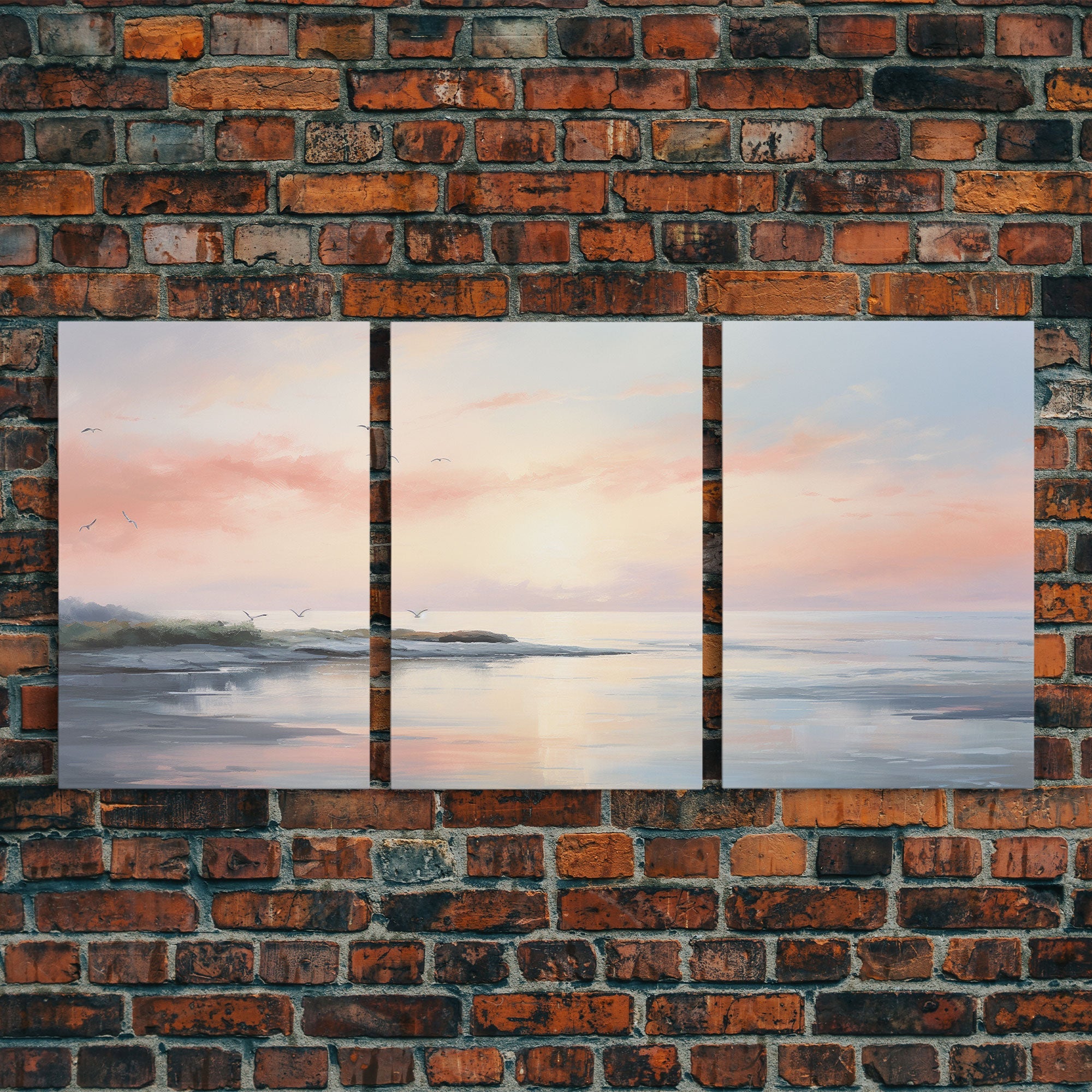 Pink Abstract Coastal Painting Canvas Print Wall Art Vintage Beach Print Girly Apartment Decor Seascape Print, 3 Piece Wall Art, Boho Decor