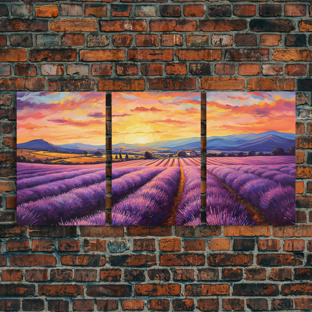 Purple Lavender Fields, 3 Piece Wall Art, Framed Canvas Print, Beautiful Original Landscape Painting, Sunset Painting, Farmhouse Decor | | Wiccan Center