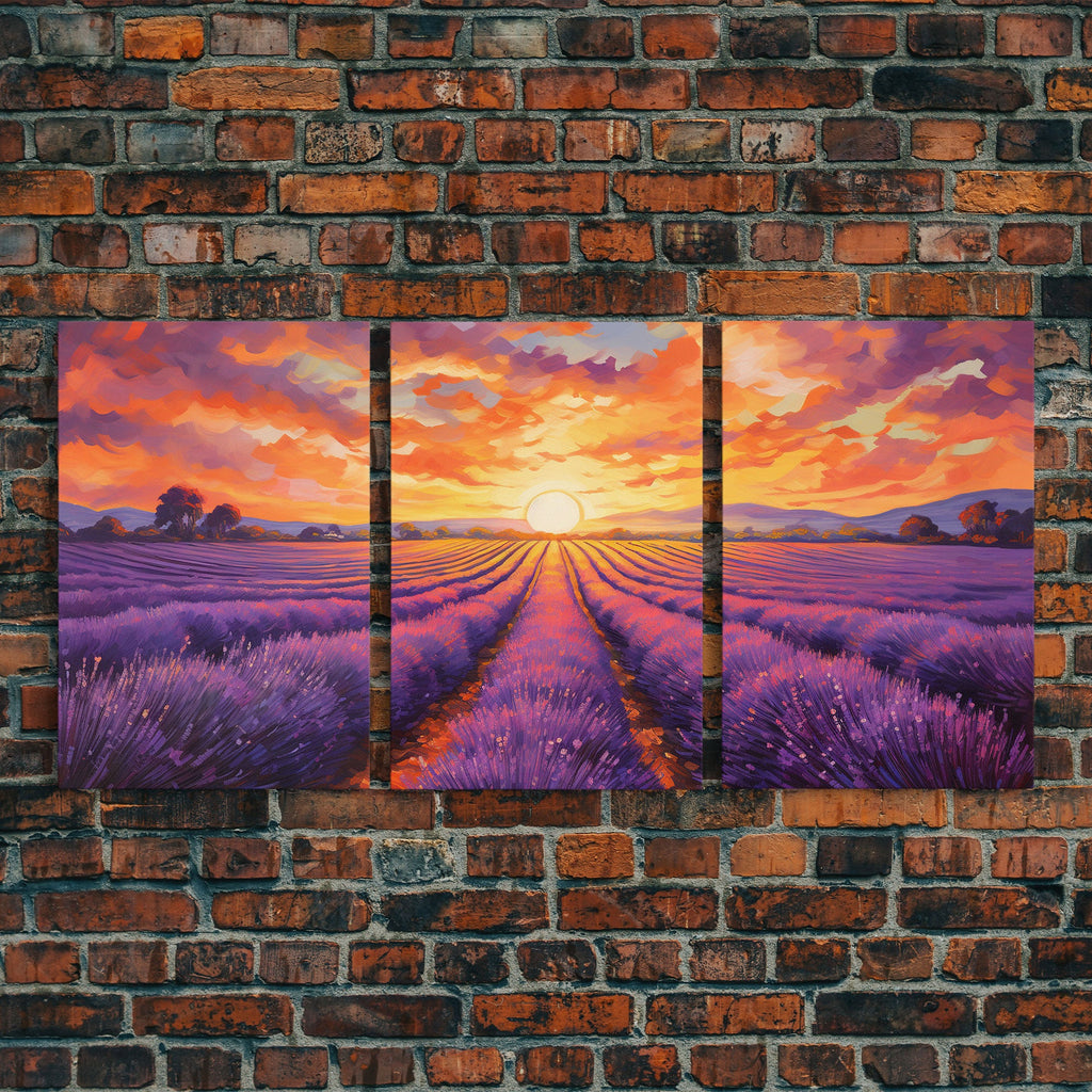 Purple Lavender Fields, 3 Piece Wall Art, Framed Canvas Print, Beautiful Original Landscape Painting, Sunset Painting, Farmhouse Decor | | Wiccan Center
