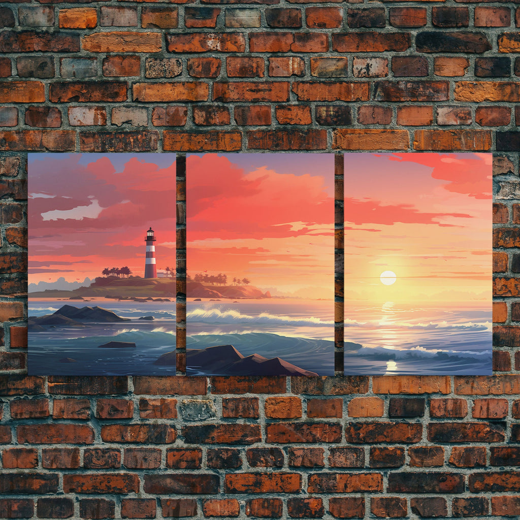 Sunset Wall Art, Light House Decor, Ocean Art Print, Canvas Print, Wall Art, 3 Piece Wall Art, Nautical Print, Seascape Art Print, Cozy Gift | | Wiccan Center