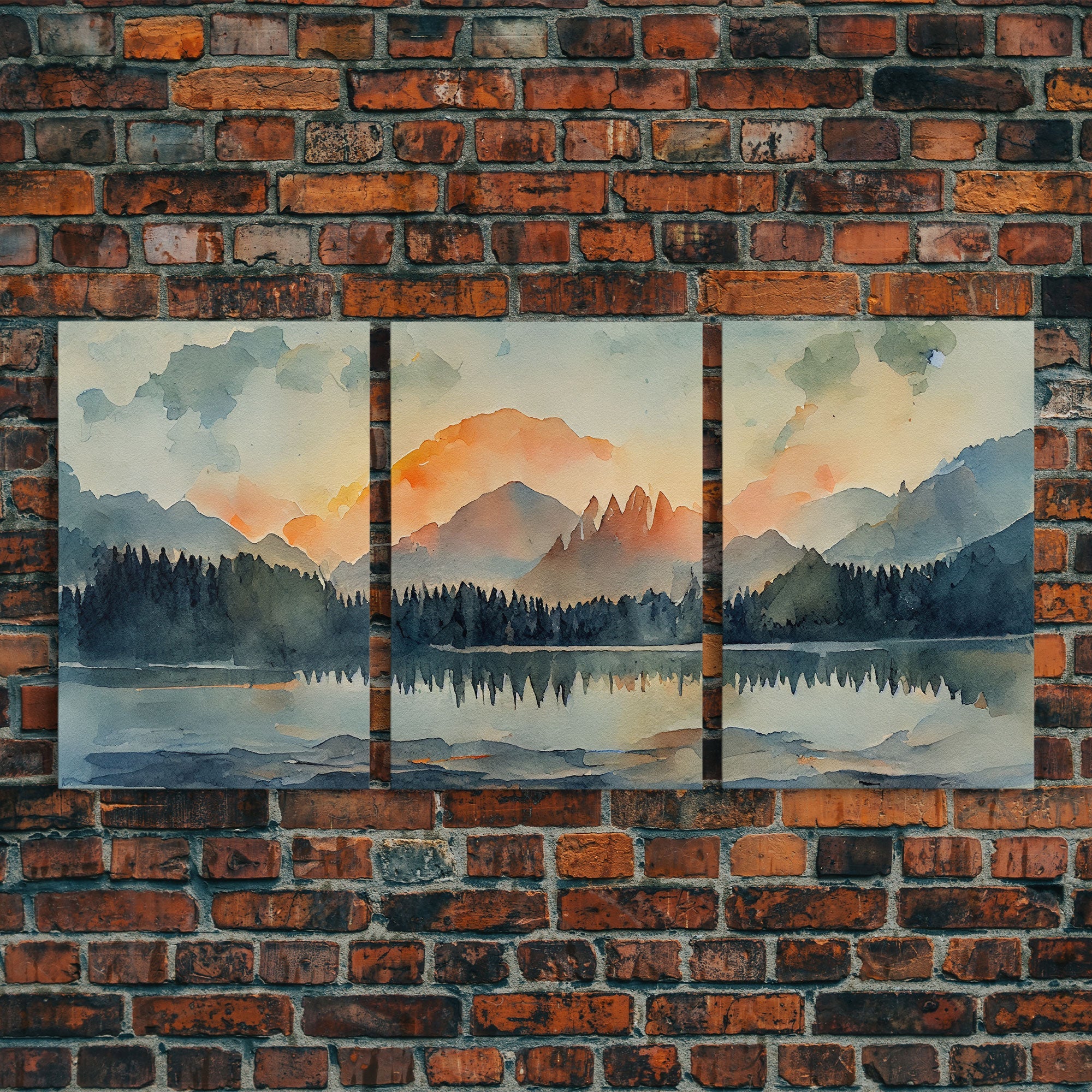 A Forest Fire, 3 Piece Canvas Wall Decor, Ready To Hang Canvas Prints, Watercolor, Orange Landscape Sunset Art, Canvas Wall Decor