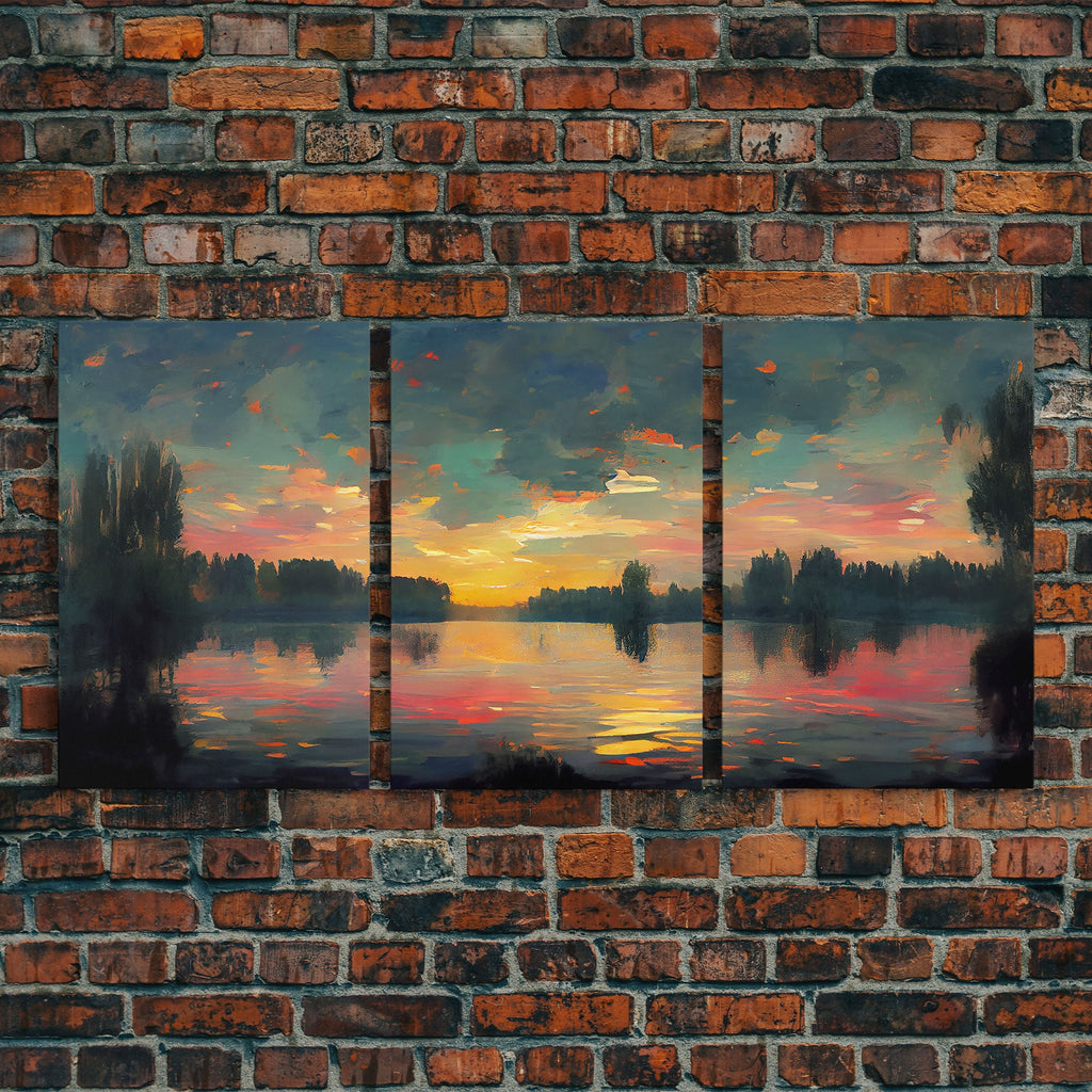 Lakehouse Canvas Print, watercolor painting of a sunset reflected on a lake, 3 Piece Wall Art, Ready To Hang Canvas Print | | Wiccan Center
