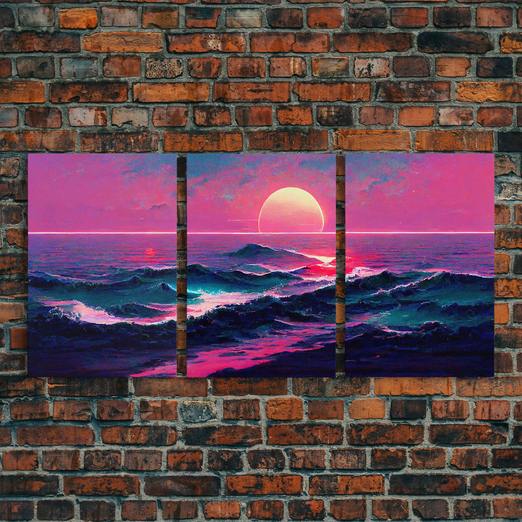 Outrun Style Synthwave Sunset Ocean Waves, 3 Piece Wall Art, Ready To Hang Canvas Print, Cool Unique Lakehouse Wall Art Decor | | Wiccan Center
