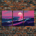 Outrun Style Synthwave Sunset Ocean Waves, 3 Piece Wall Art, Ready To Hang Canvas Print, Cool Unique Lakehouse Wall Art Decor | | Wiccan Center