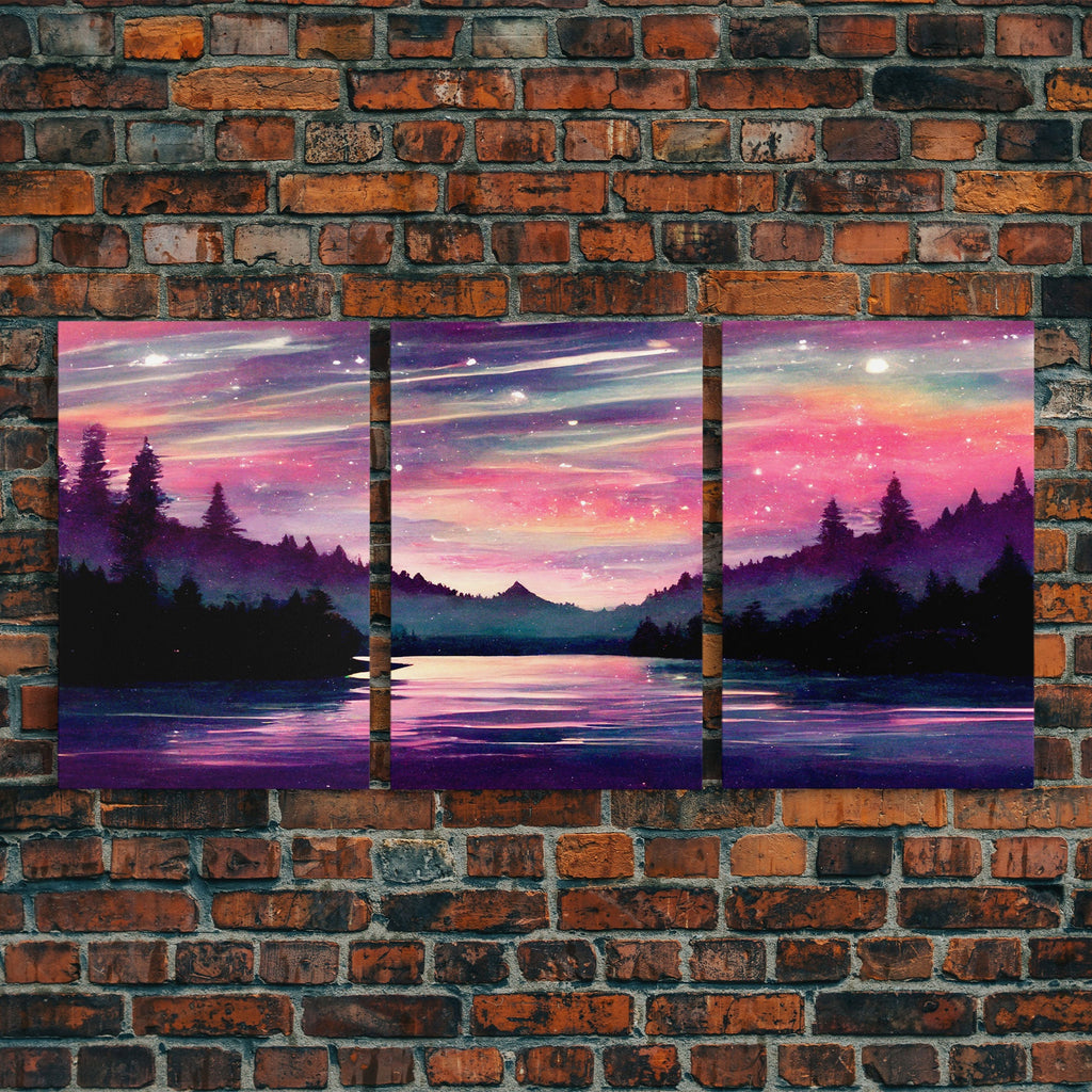 Starry Night Magical Forest Fantasy Landscape, 3 Piece Wall Art, Ready To Hang Canvas Print, Cool Living Room Wall Art Decor | | Wiccan Center
