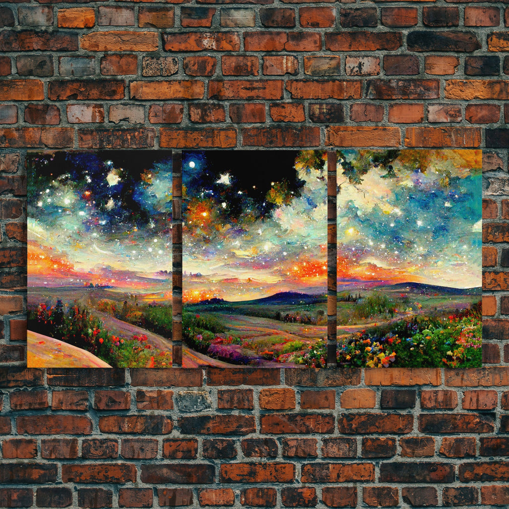 Night Starry Sky Landscape Colorful Night Sky Nature Living Room Wall Art Spiritual Starry, 3 Piece Wall Art, Ready To Hang Canvas Print | | Wiccan Center