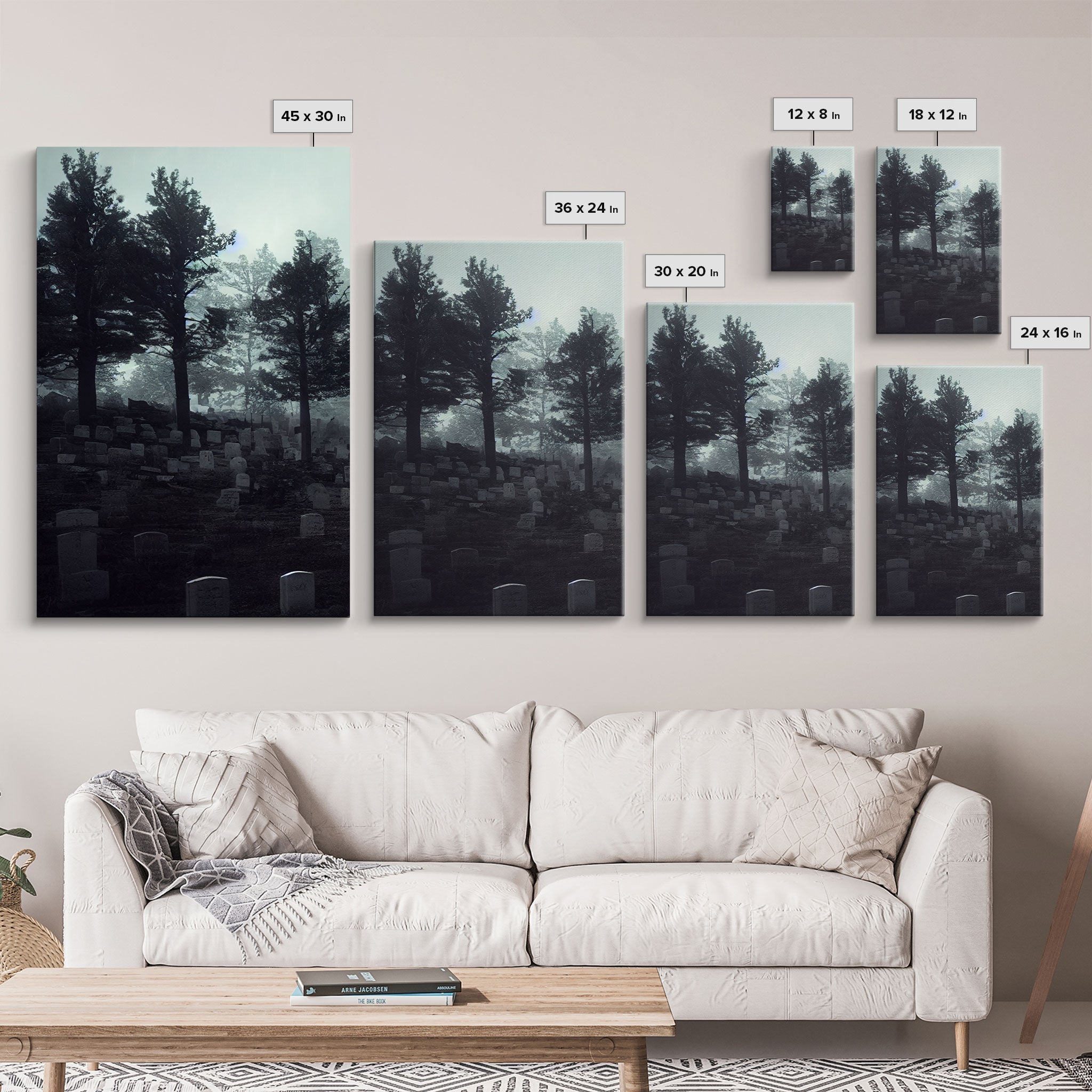 Spooky haunted graveyard at night, art for witches, 3 piece canvas, 3 piece wall art, cemetery art | | Wiccan Center