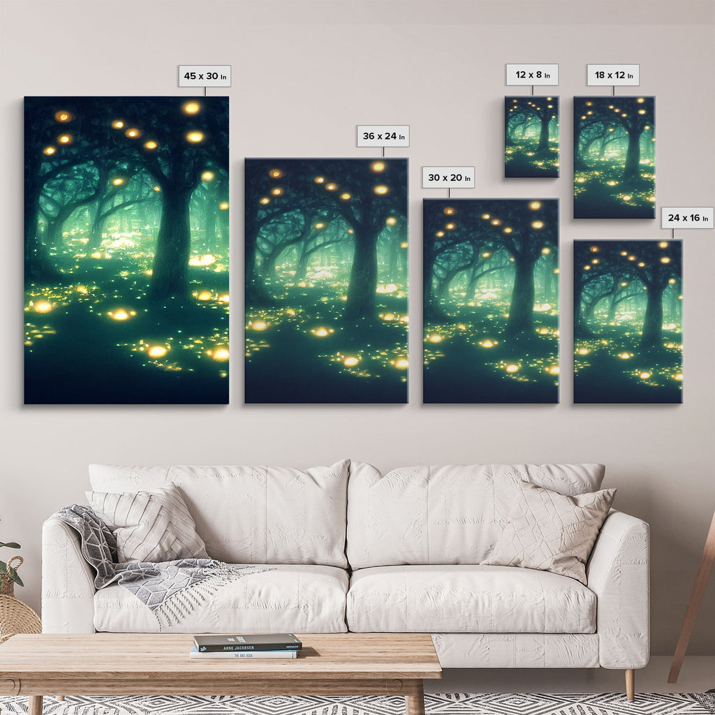 Fantasy forest wall decor, ready to hang 3 piece canvas print, 3 piece wall art, firefly wall art, Fireflies In A Fairy Forest at Night | | Wiccan Center