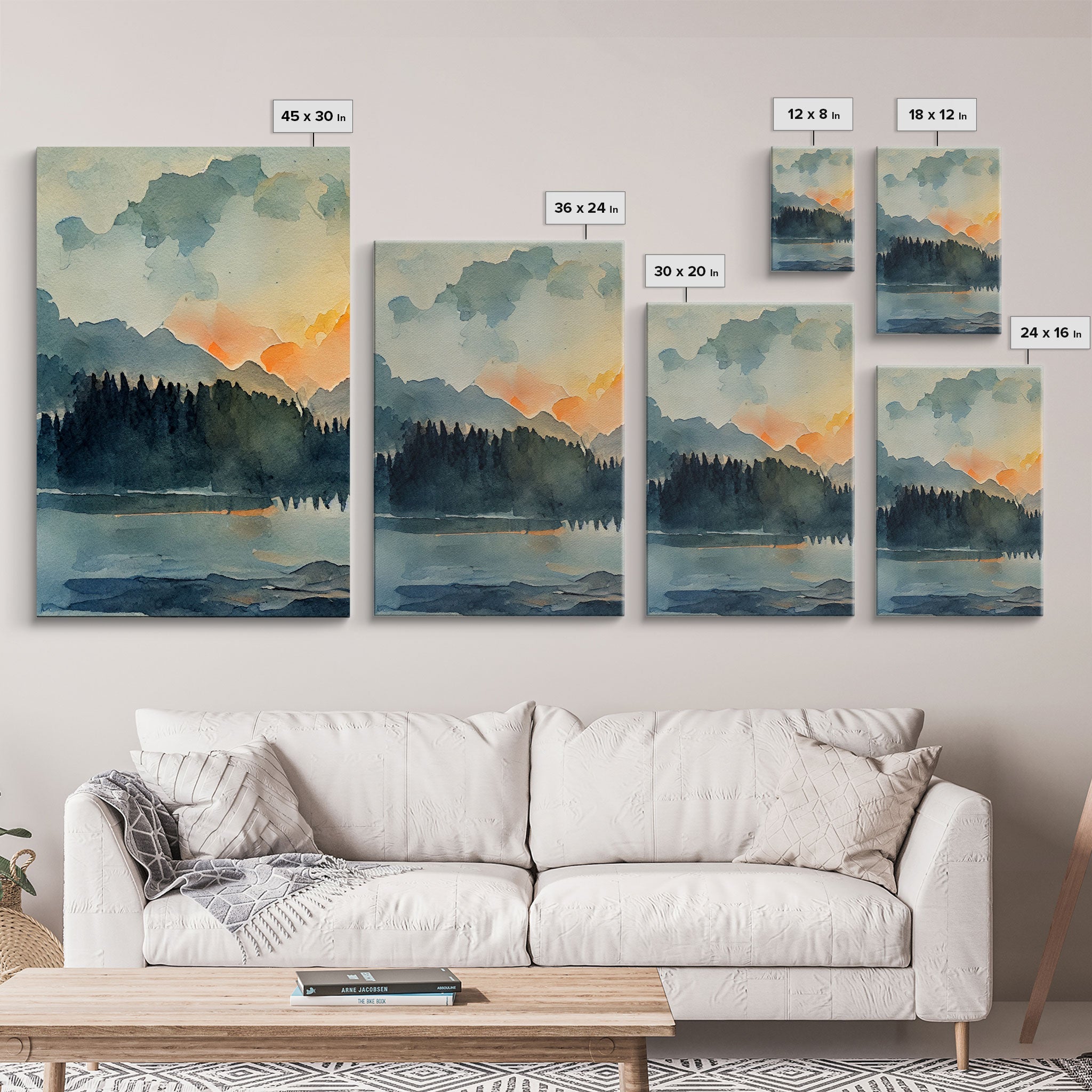 A Forest Fire, 3 Piece Canvas Wall Decor, Ready To Hang Canvas Prints, Watercolor, Orange Landscape Sunset Art, Canvas Wall Decor