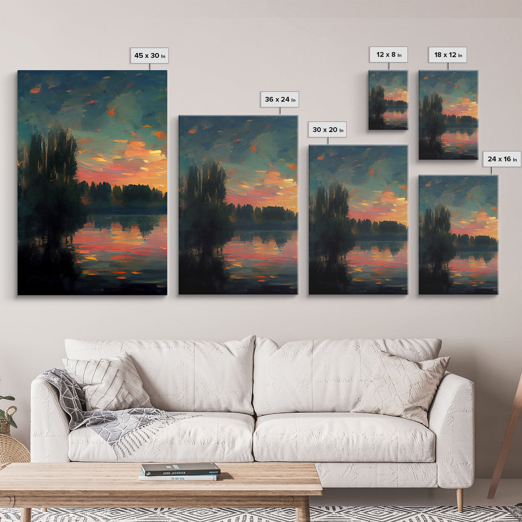Lakehouse Canvas Print, watercolor painting of a sunset reflected on a lake, 3 Piece Wall Art, Ready To Hang Canvas Print | | Wiccan Center