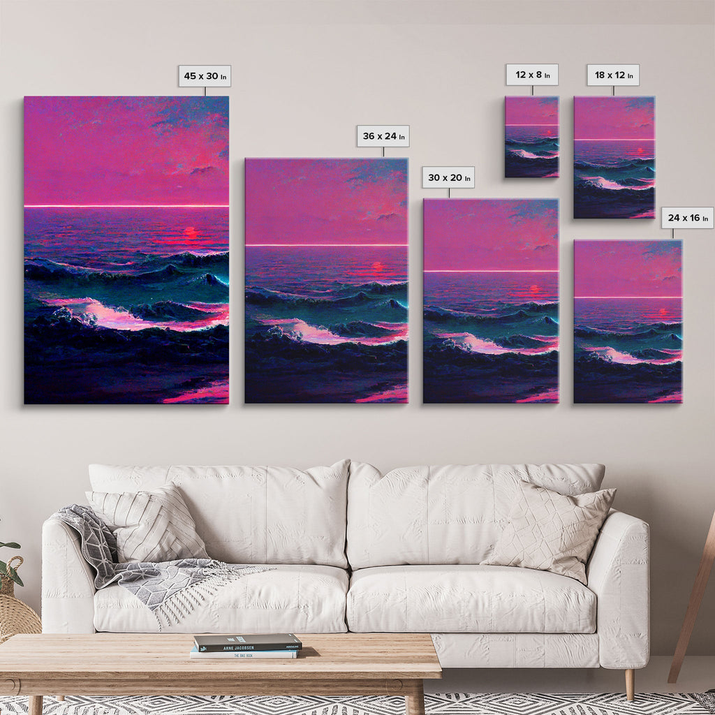 Outrun Style Synthwave Sunset Ocean Waves, 3 Piece Wall Art, Ready To Hang Canvas Print, Cool Unique Lakehouse Wall Art Decor | | Wiccan Center