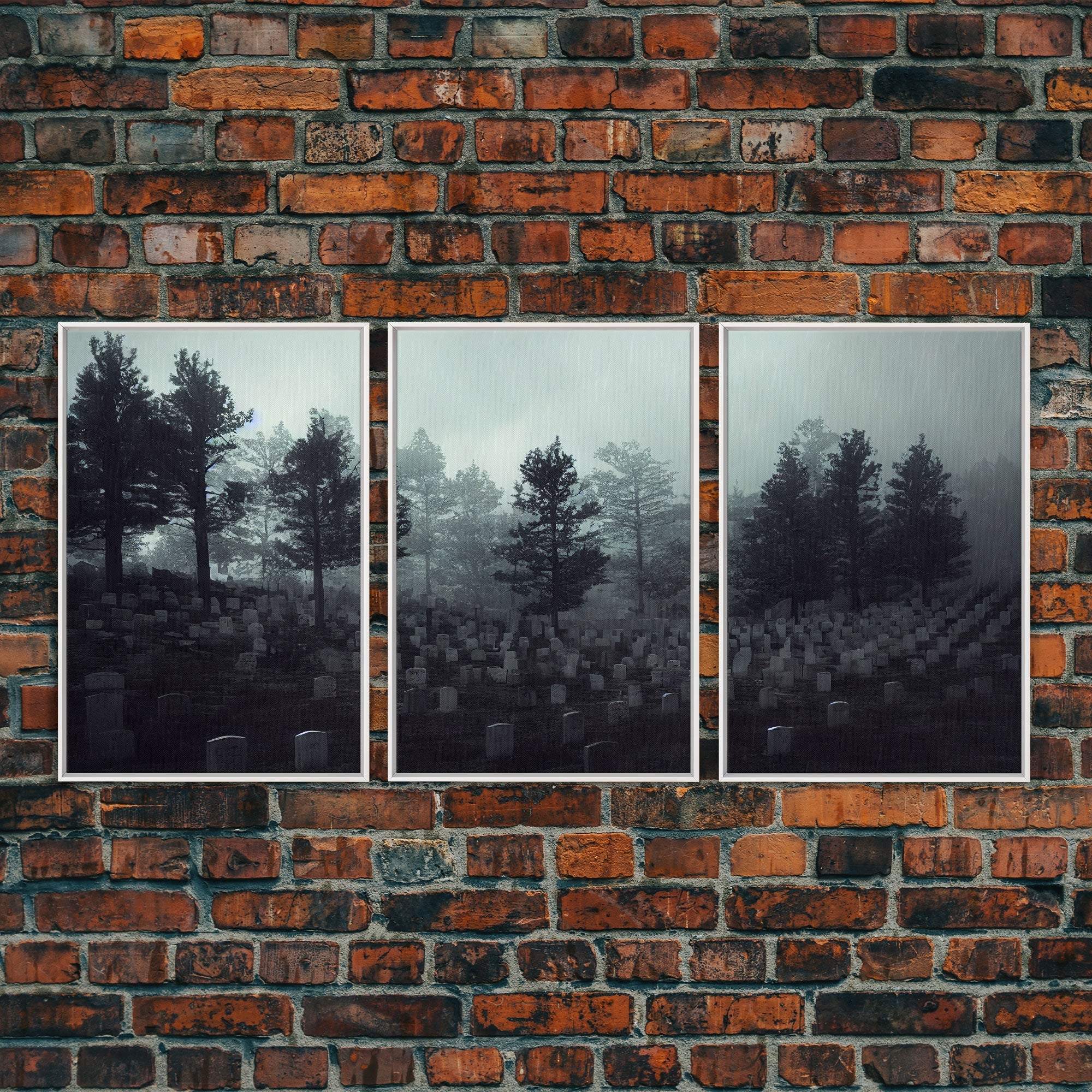 Spooky haunted graveyard at night, art for witches, 3 piece canvas, 3 piece wall art, cemetery art | | Wiccan Center