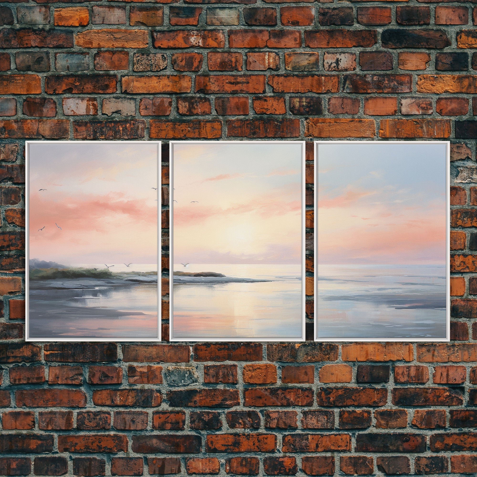 Pink Abstract Coastal Painting Canvas Print Wall Art Vintage Beach Print Girly Apartment Decor Seascape Print, 3 Piece Wall Art, Boho Decor