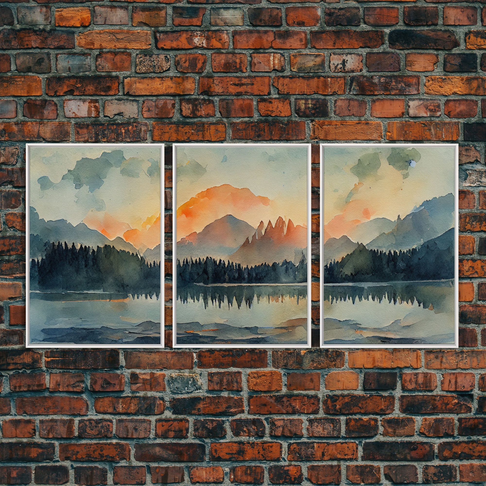 A Forest Fire, 3 Piece Canvas Wall Decor, Ready To Hang Canvas Prints, Watercolor, Orange Landscape Sunset Art, Canvas Wall Decor