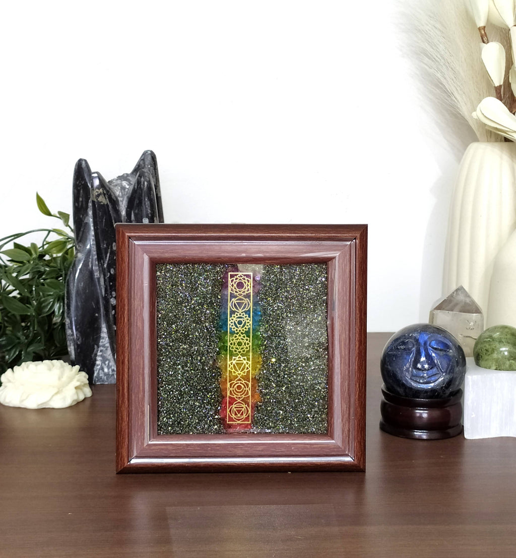 Pyrite Frame Raw Pyrite with 7 Chakra Pyrite Dust Plate