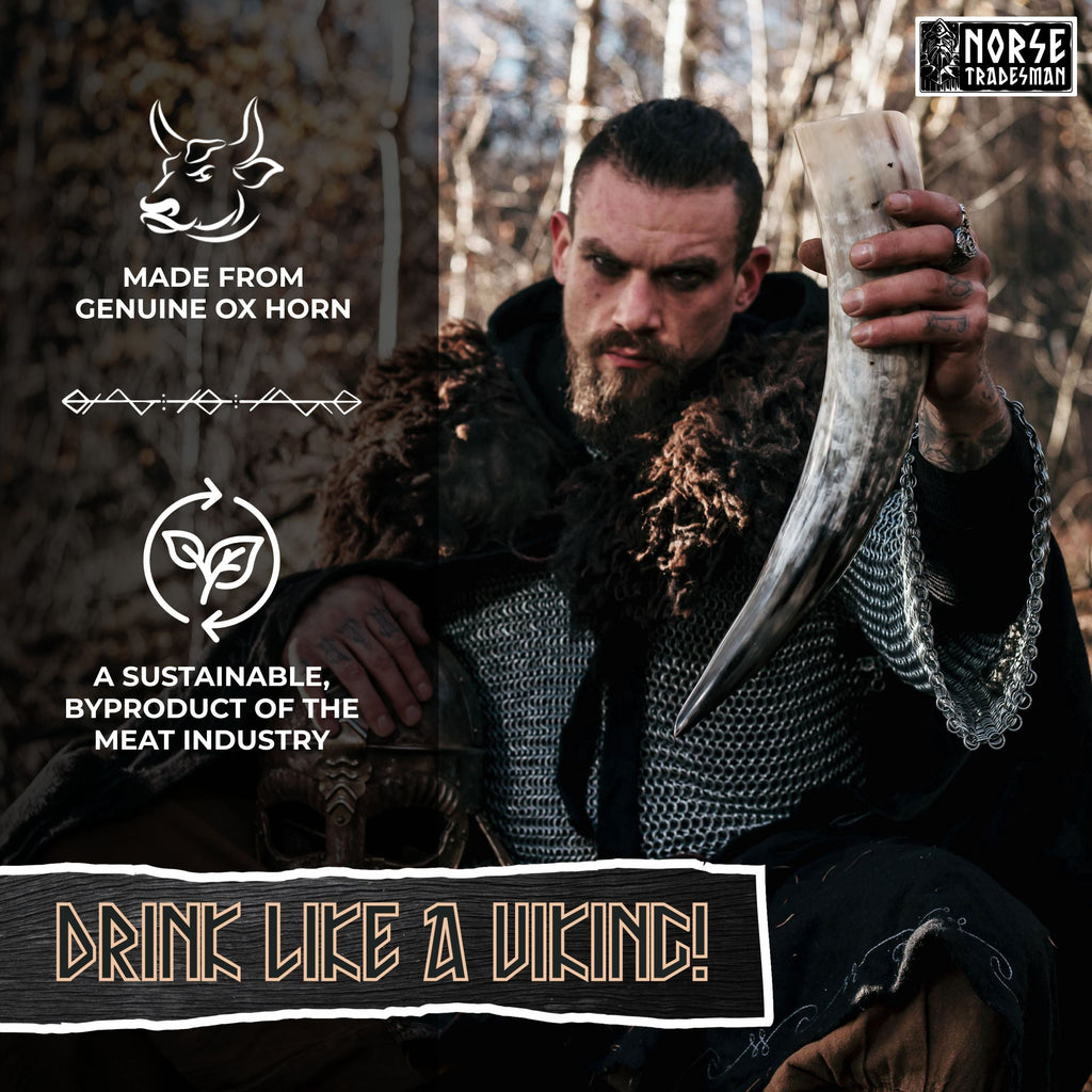 Viking Drinking Horn – Ox Horn with Wooden Stand