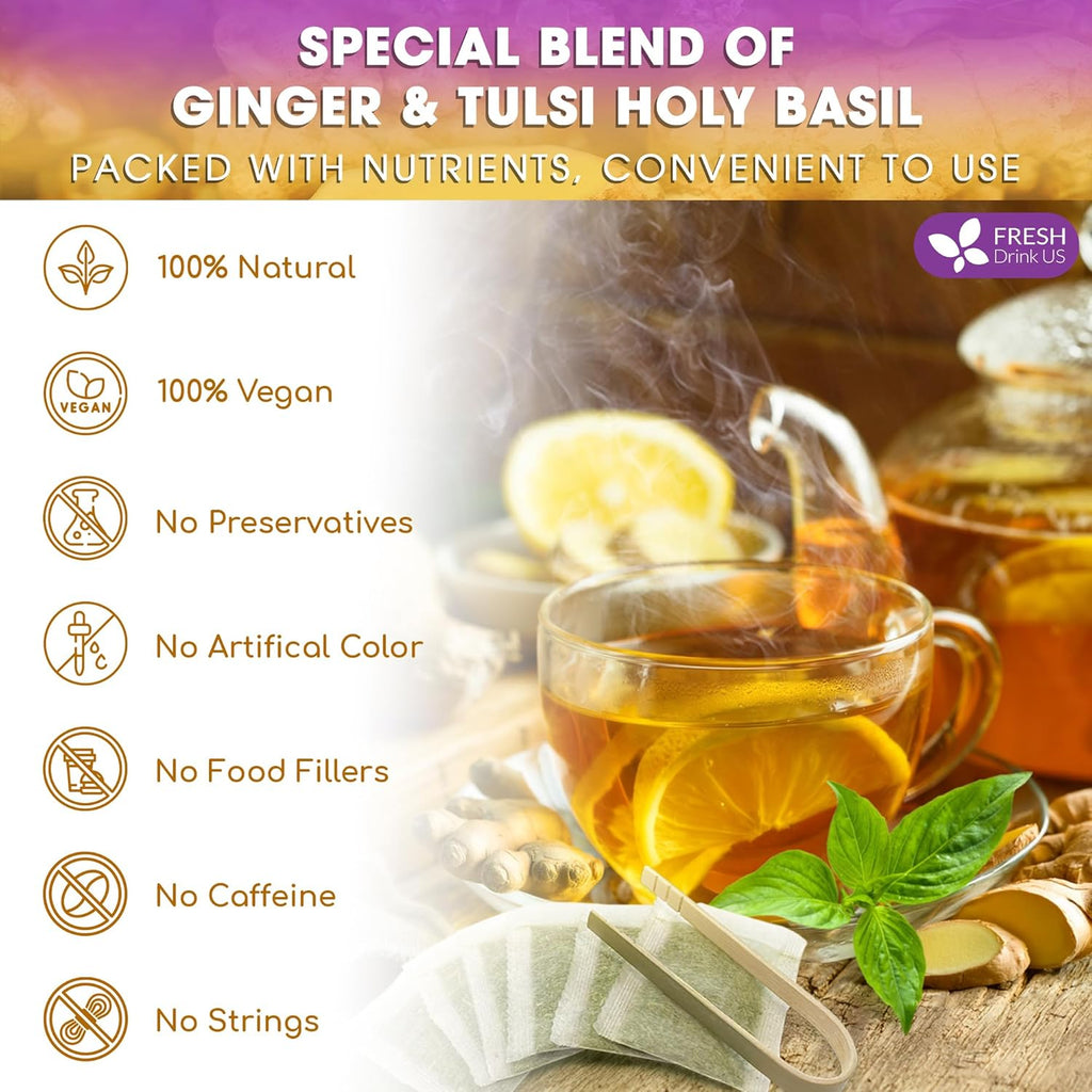 Premium Ginger Tulsi Tea Bags | Hand-made Blend of Ginger and Tulsi Holy Basil Leaves | Tea | Wiccan Center