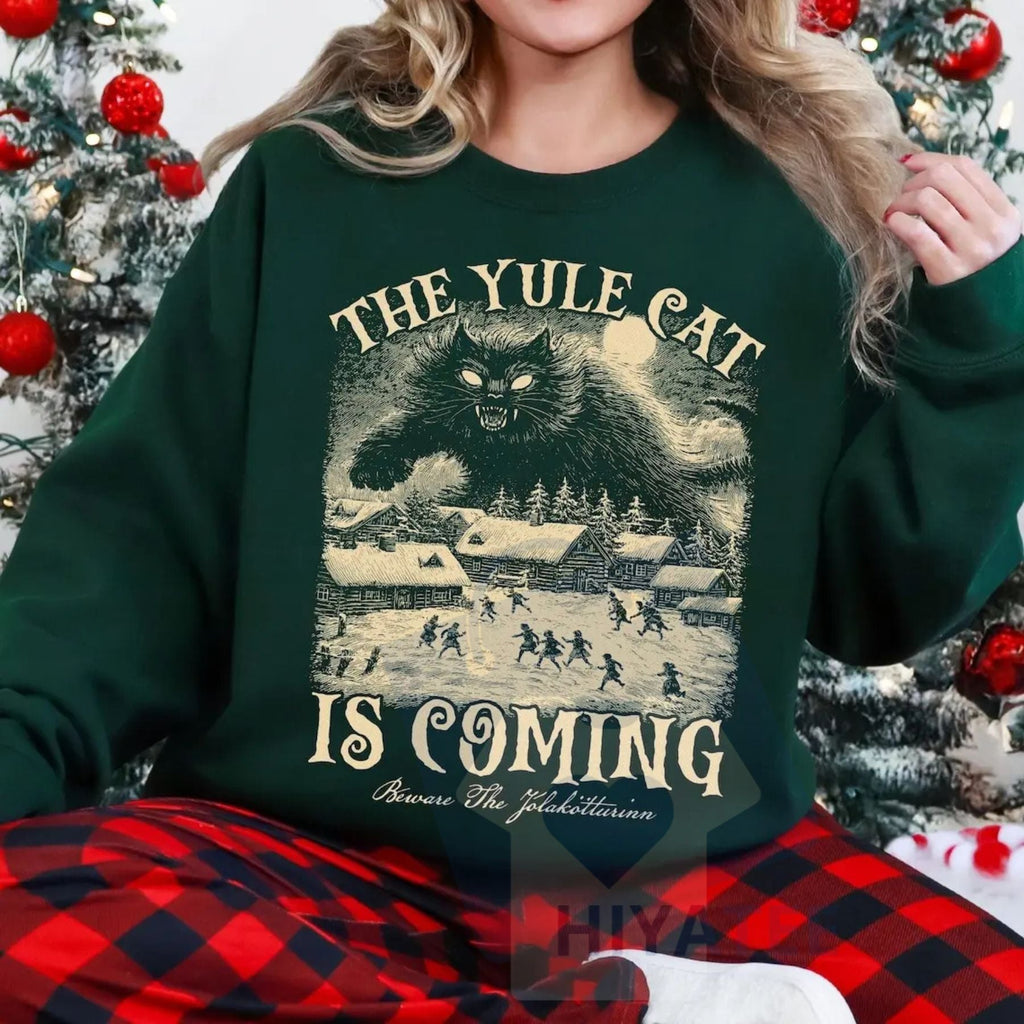 The Yule Cat Is Coming Sweatshirt: Gothic Christmas, Iceland Folklore, Pagan Gift, Folklore Shirt, Winter Solstice Apparel | Sweatshirt | Wiccan Center