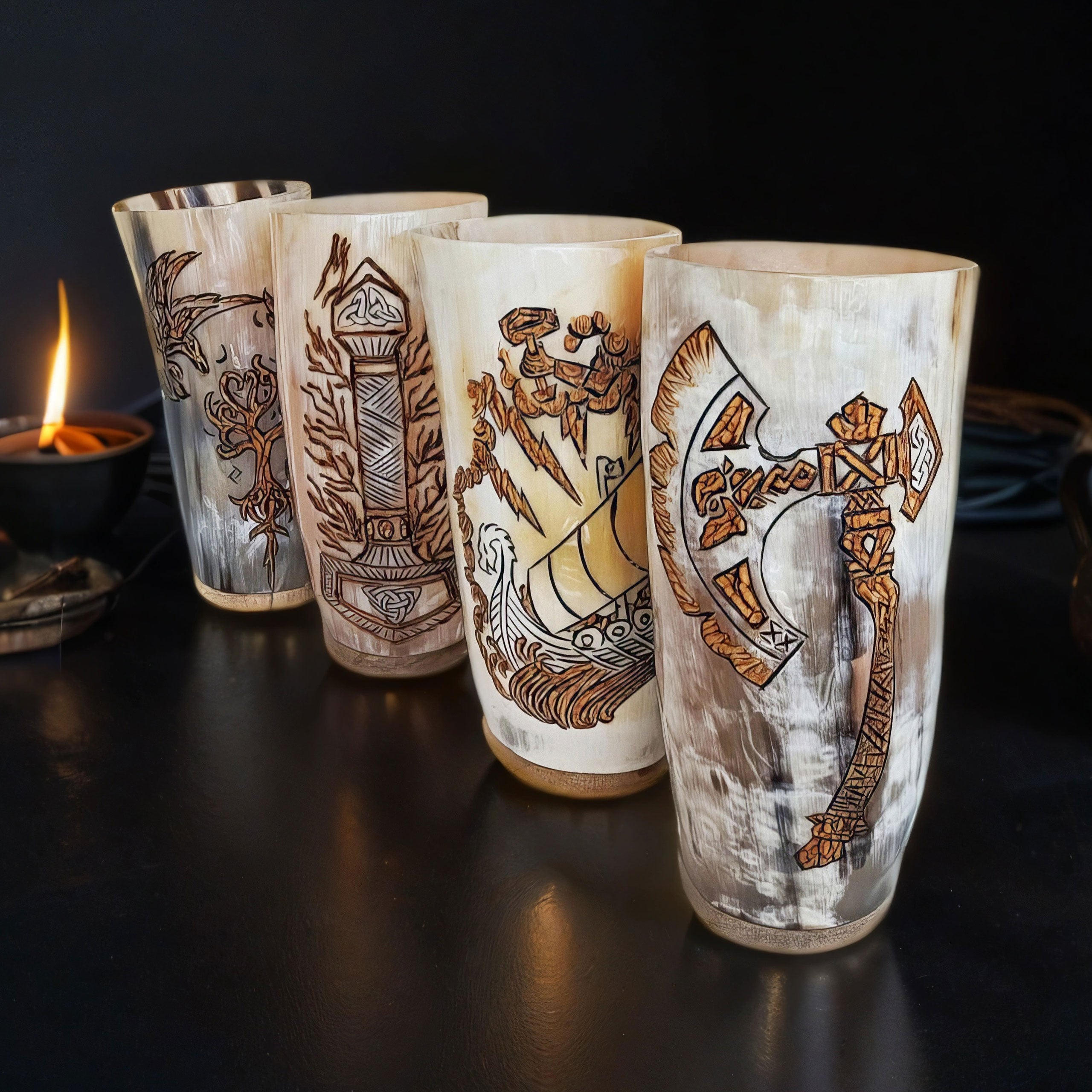 Viking Horn Cups Set of 4 – Celtic-Engraved Ox Horn