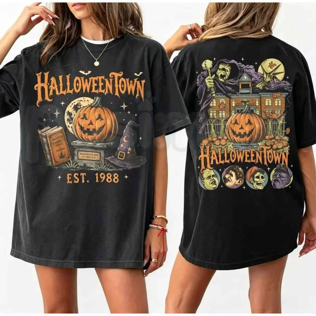 Vintage Pumpkin Witch Spooky Halloween Double-Sided T-Shirt – Retro Gothic Unisex Cotton Tee | T-Shirt | Wiccan Center