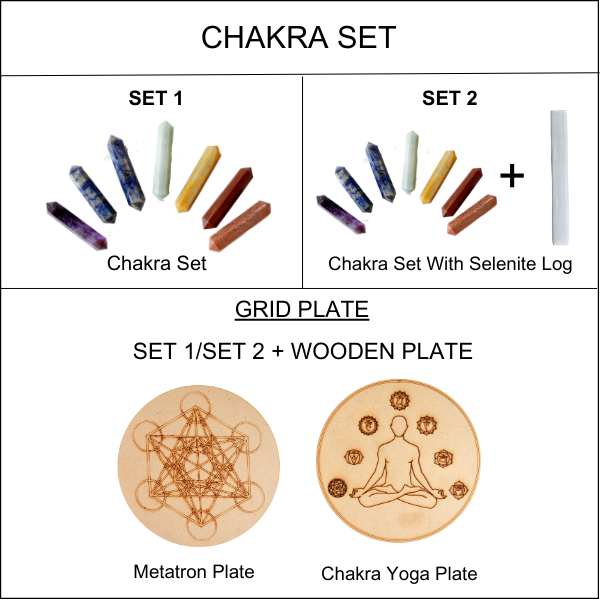 Chakra Crystals Points Set, 7 Chakra Stones Point Set with Wooden Grid Plate, Selenite Log | Obelisks & Pencils | Wiccan Center