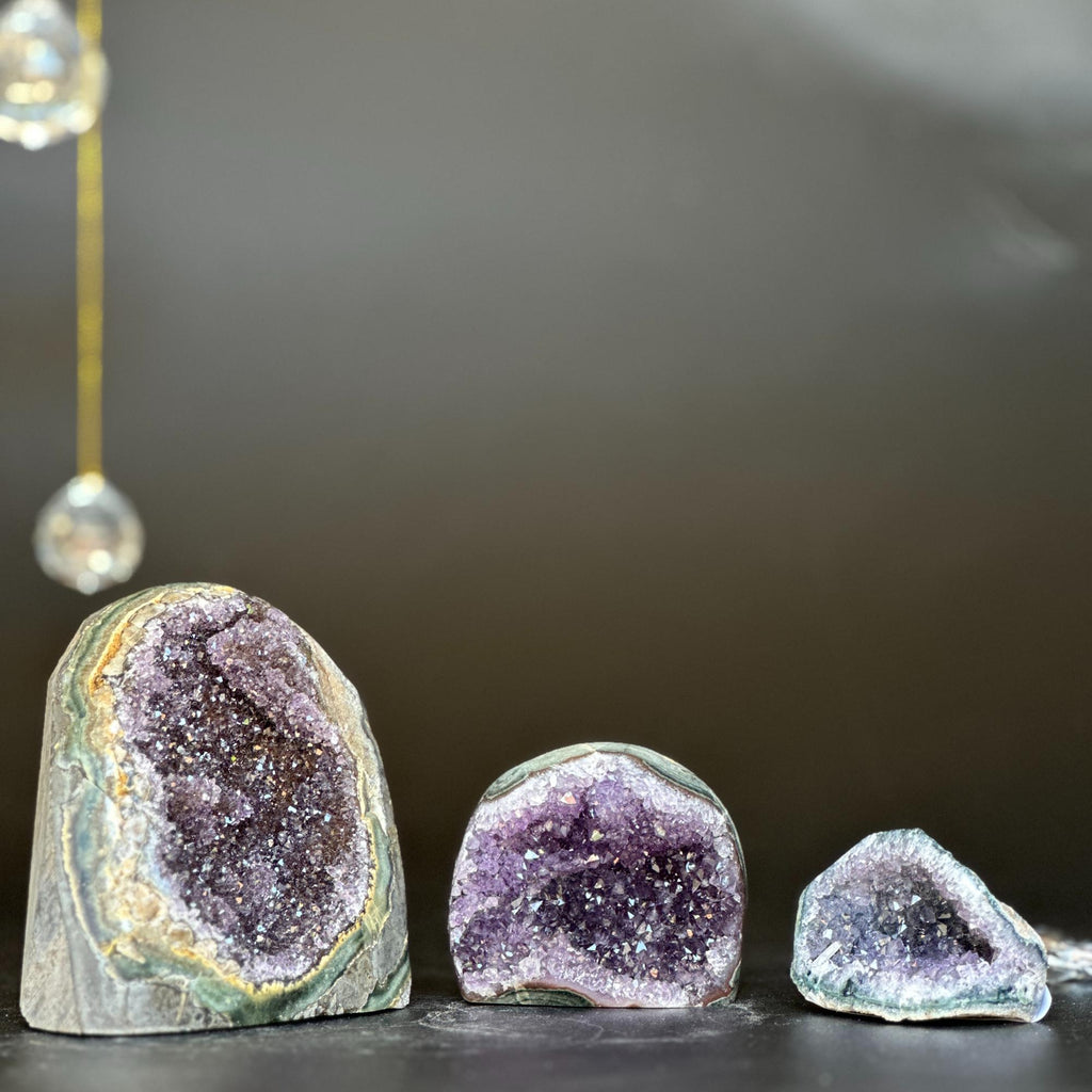 3 pieces lot Amethyst Crystals, Small Amethysts SET, polished crystals with agate layers at edges | Amethyst Geodes | Wiccan Center