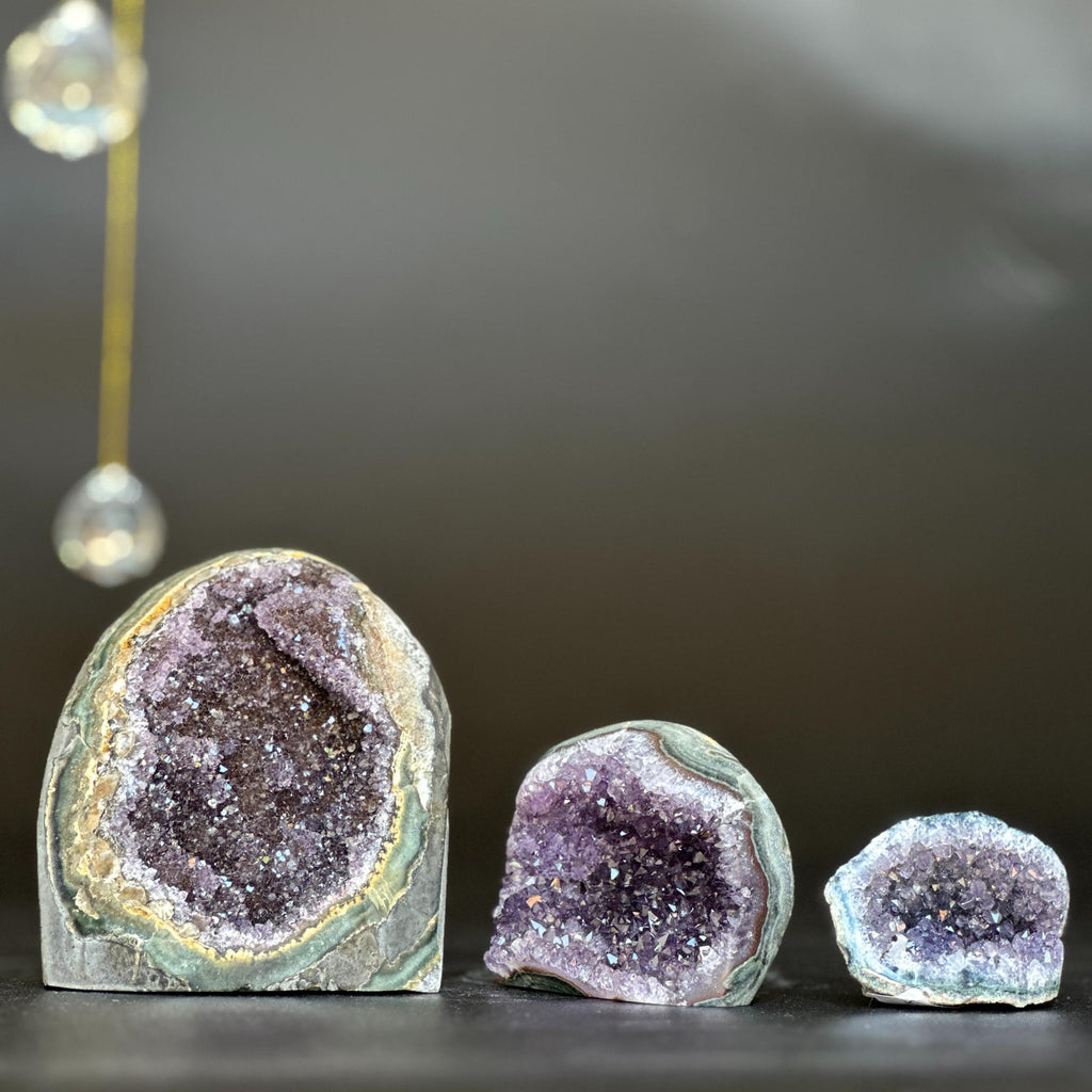 3 pieces lot Amethyst Crystals, Small Amethysts SET, polished crystals with agate layers at edges | Amethyst Geodes | Wiccan Center
