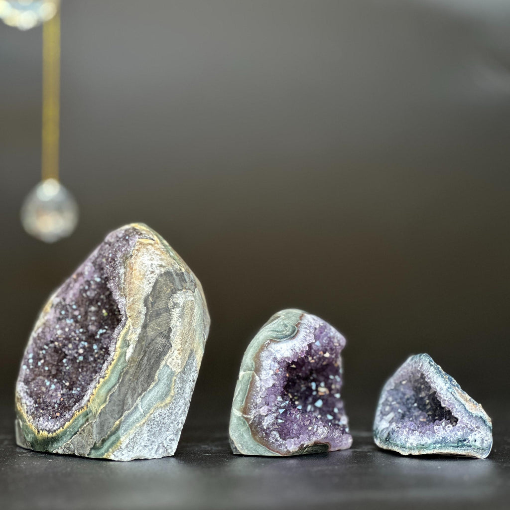 3 pieces lot Amethyst Crystals, Small Amethysts SET, polished crystals with agate layers at edges | Amethyst Geodes | Wiccan Center