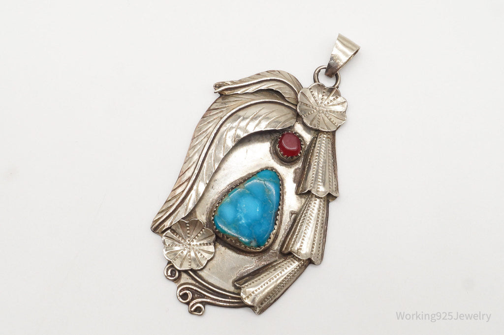 Large Vintage Native American Turquoise Carnelian Sterling Silver Pendant | Jewelry > Necklaces > Pendants | Wiccan Center