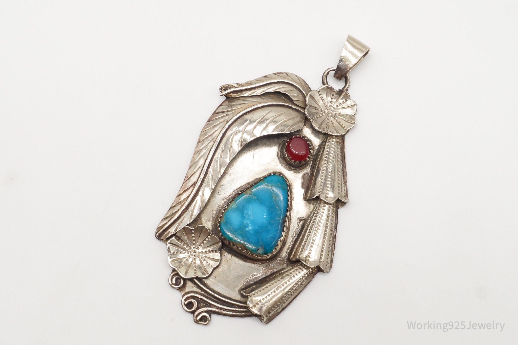 Large Vintage Native American Turquoise Carnelian Sterling Silver Pendant | Jewelry > Necklaces > Pendants | Wiccan Center