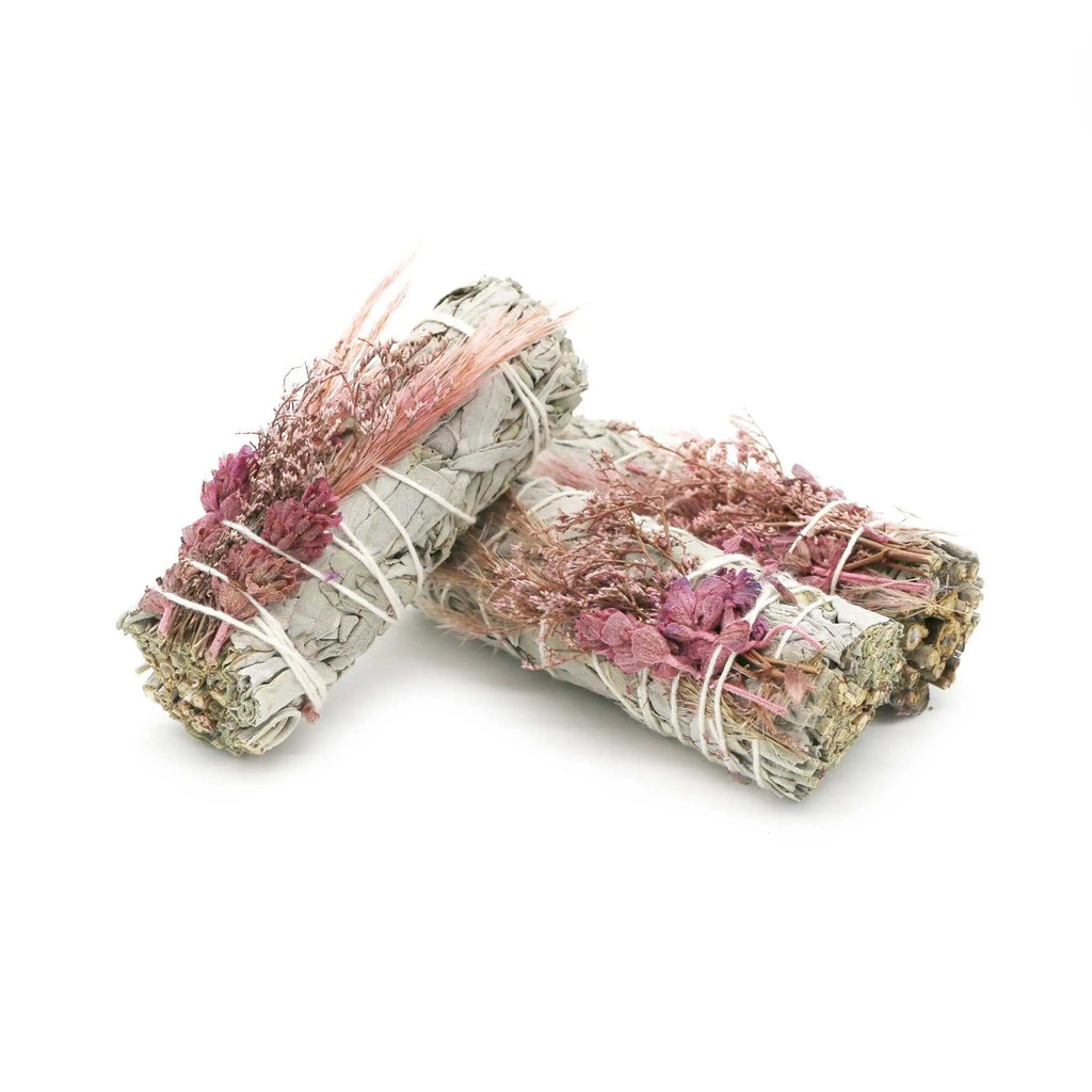 'Pink Bouquet' Floral White Sage Smudge Stick (4 in.) | Smudge Sticks | Wiccan Center