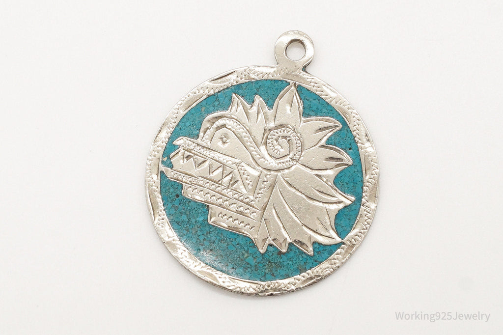 Vintage Large Mexico Mayan Aztec Warrior Mask Turquoise Alpaca Silver Pendant | Jewelry > Necklaces > Pendants | Wiccan Center