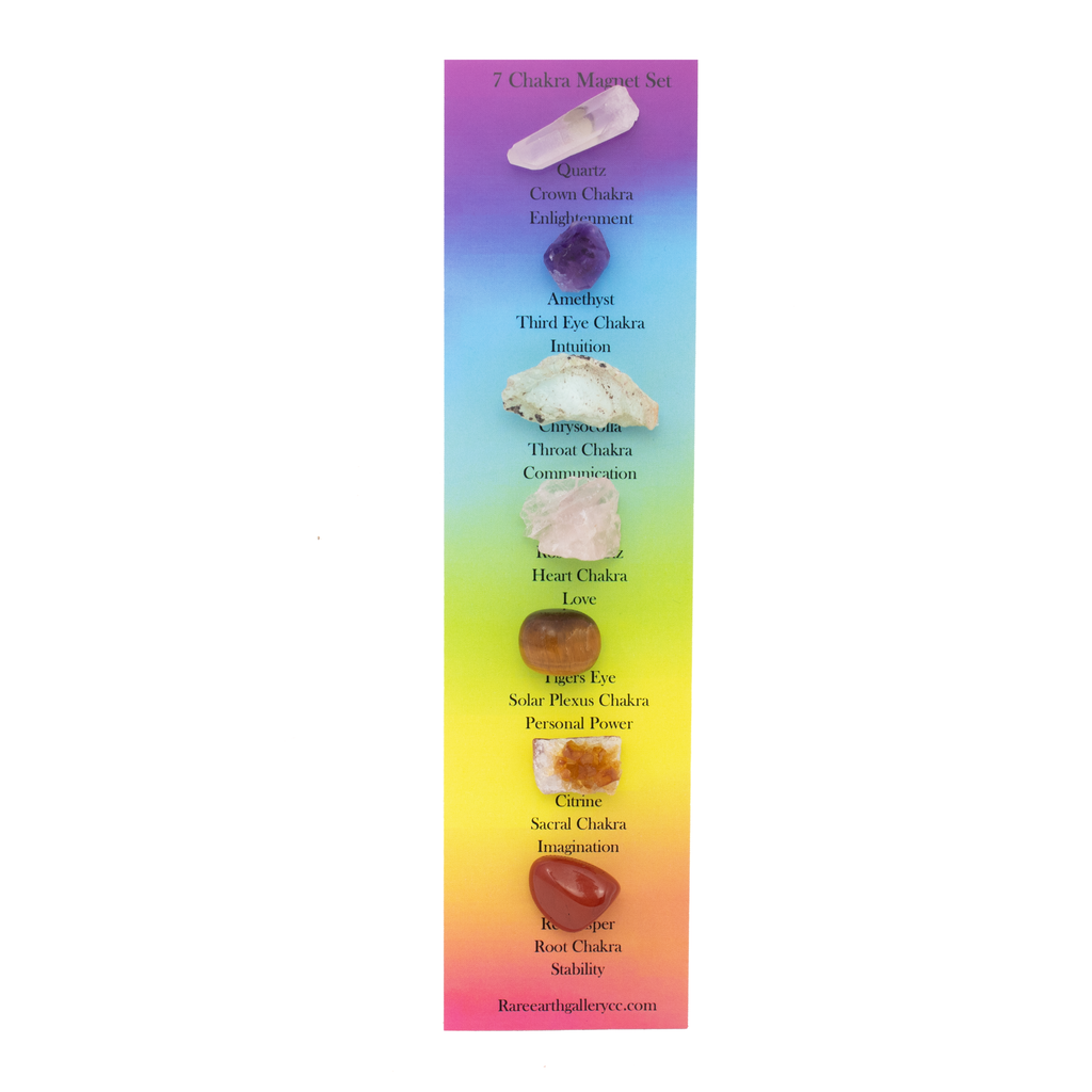 7 Chakra Magnet Set - Set 9 with Quartz Crystal, Amethyst Crystal, Raw Chrysocolla from AZ, Raw Rose Quartz from Brazil, Tumbled Tigers Eye, Citrine Crystal Cluster & Tumbled Red Jasper | | Wiccan Center