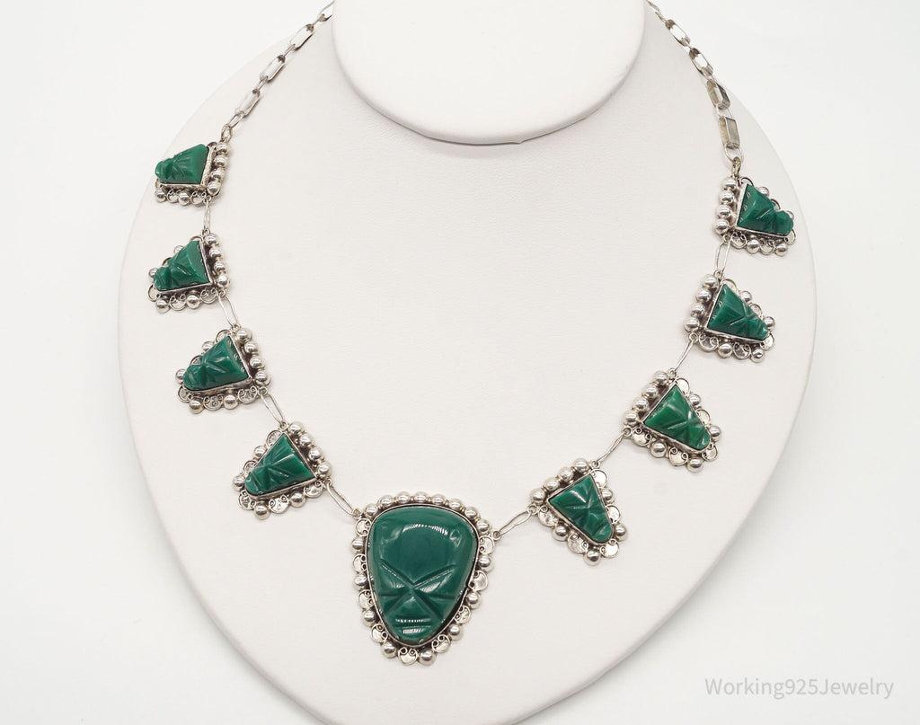 Vintage Mexico Green Onyx Carved Masks Sterling Silver Necklace | Jewelry > Necklaces > Pendants | Wiccan Center