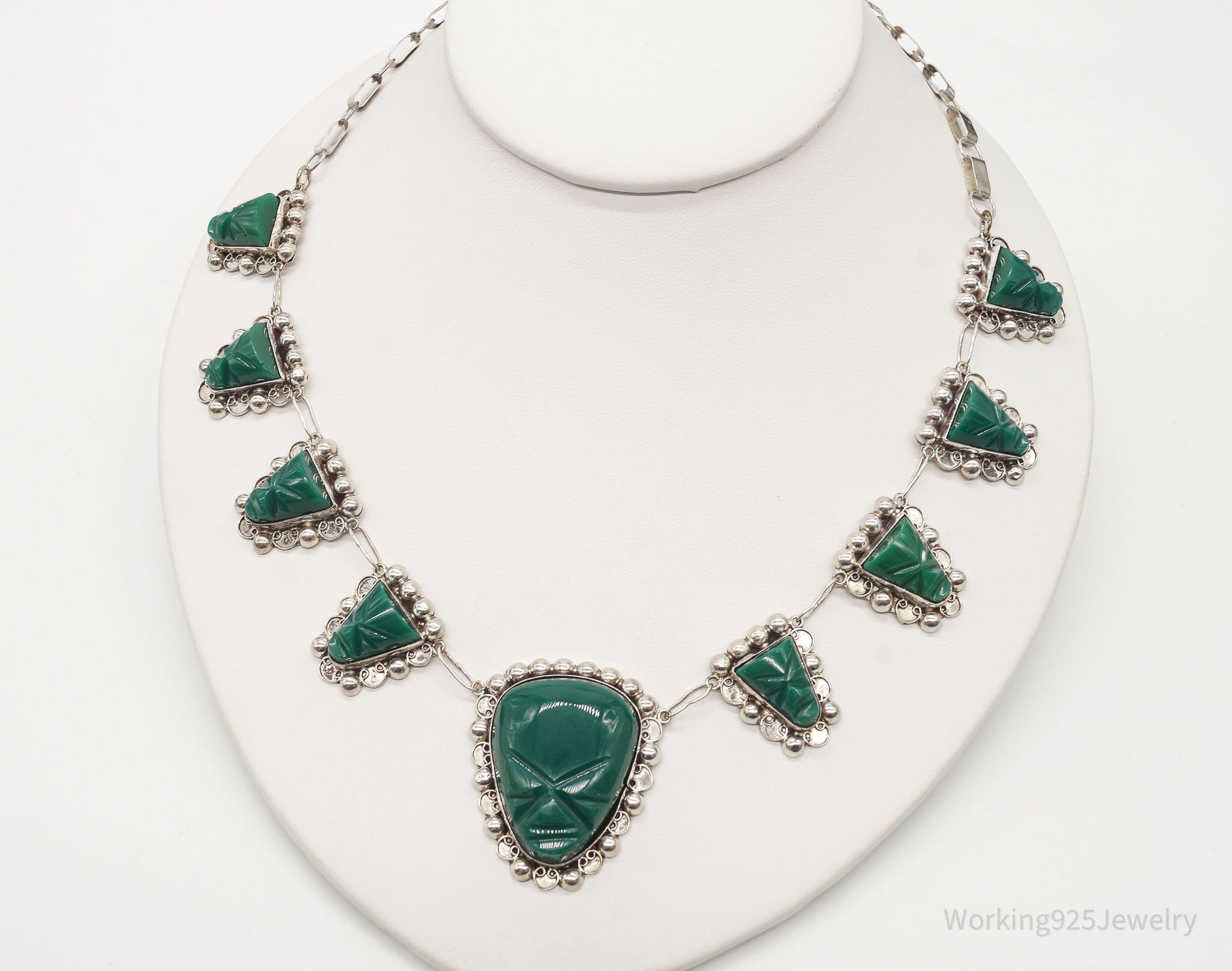 Vintage Mexico Green Onyx Carved Masks Sterling Silver Necklace | Jewelry > Necklaces > Pendants | Wiccan Center