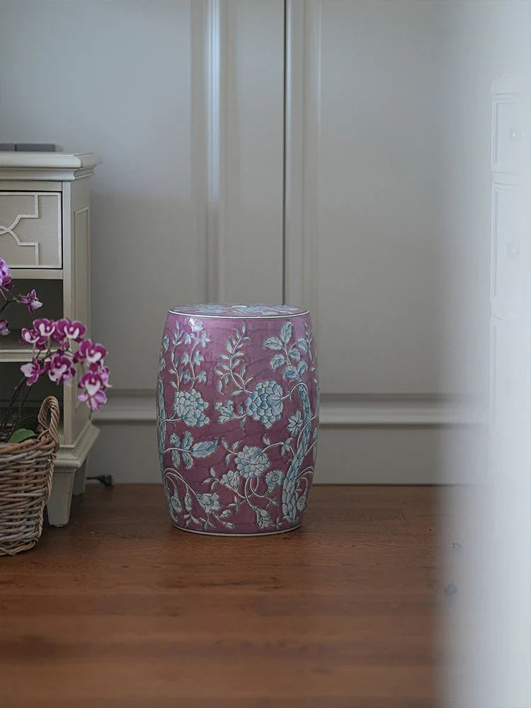 Hand-Painted Lavender Floral Ceramic Drum Stool | Botanical Accent Side Table | Drum stool | Wiccan Center