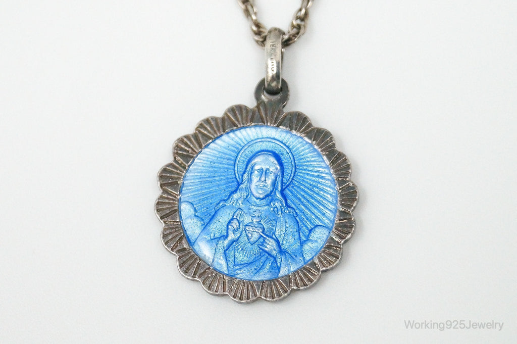 Vintage French Mother Mary Jesus Blue Enamel Sterling Silver Necklace | Jewelry > Necklaces > Pendants | Wiccan Center