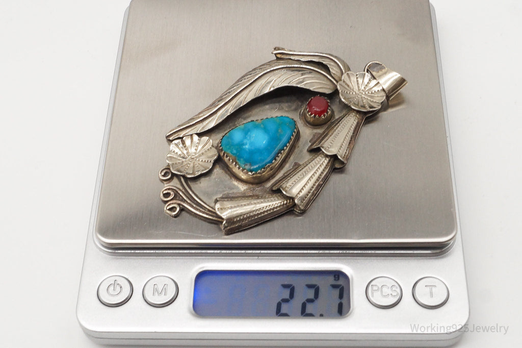 Large Vintage Native American Turquoise Carnelian Sterling Silver Pendant | Jewelry > Necklaces > Pendants | Wiccan Center