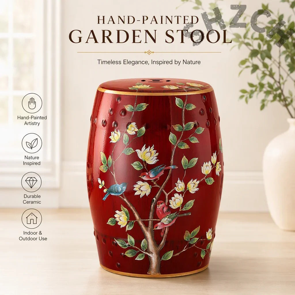 Hand-Painted Ceramic Drum Stool with Floral Bird Motif – Porcelain Oriental Accent Ottoman for Living Room or Entryway | Stool | Wiccan Center