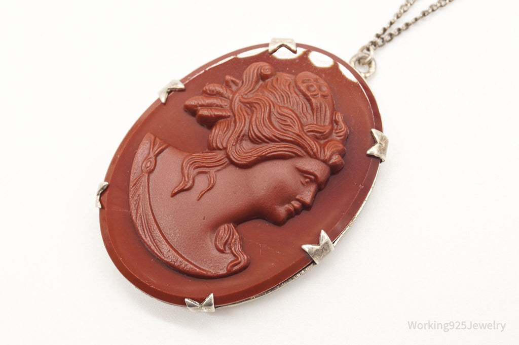 Antique Large Carved Stone Lady Cameo Sterling Silver Necklace | Jewelry > Necklaces > Pendants | Wiccan Center