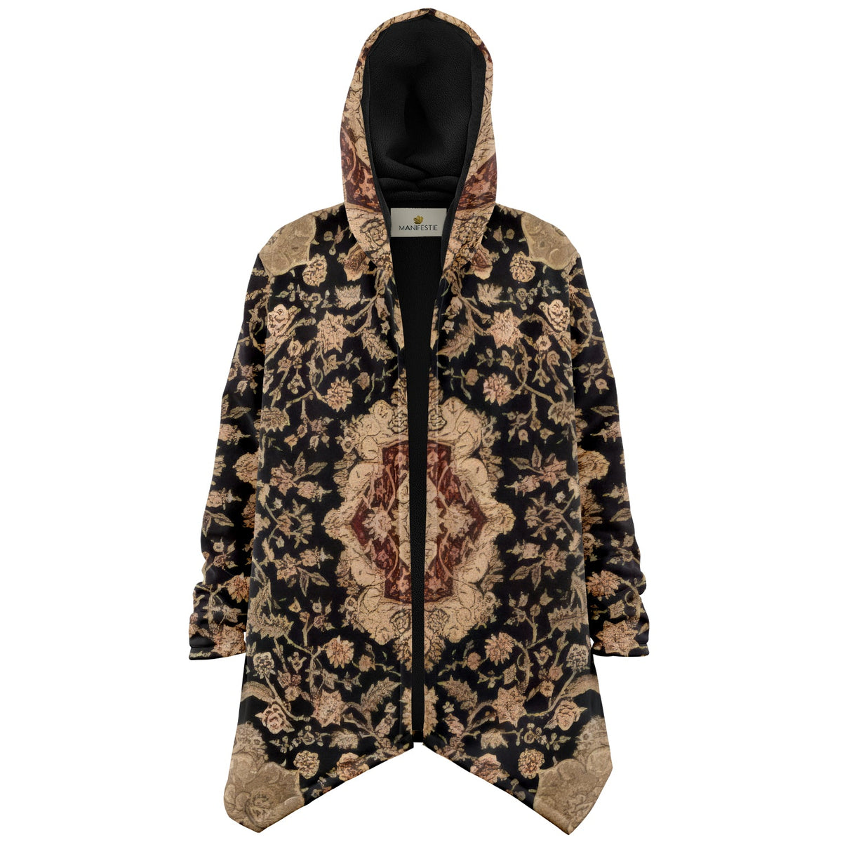 Black and Brown Persian Carpet Cuddle Cloak | Unisex Minky Sherpa Hooded Coat | Women and Mens Festival Coat | Mountain Fashion | Microfleece Cloak - AOP | Wiccan Center