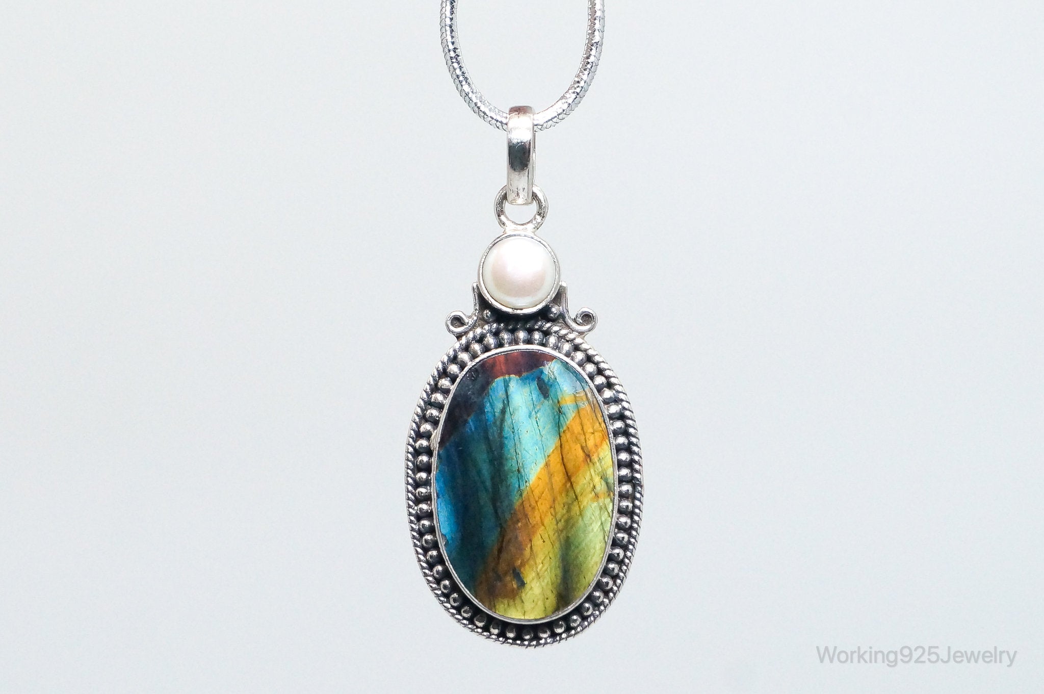 Vintage Large Labradorite Pearl Sterling Silver Necklace Pendant | Jewelry > Necklaces > Pendants | Wiccan Center
