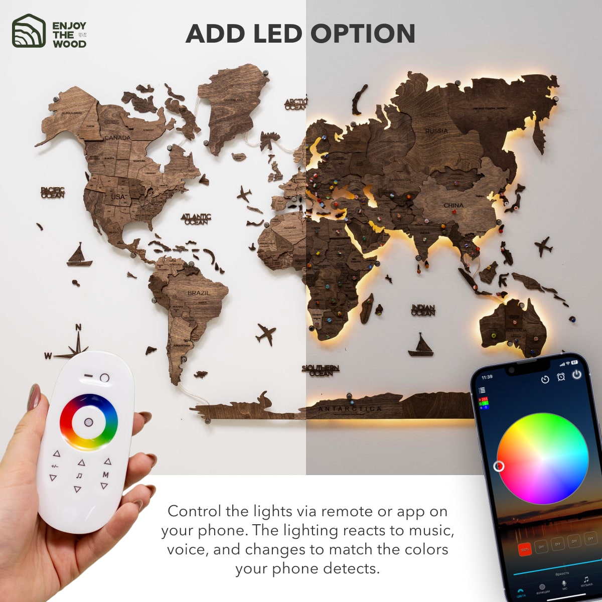 3D LED Wooden World Map 3.0 Dark Walnut