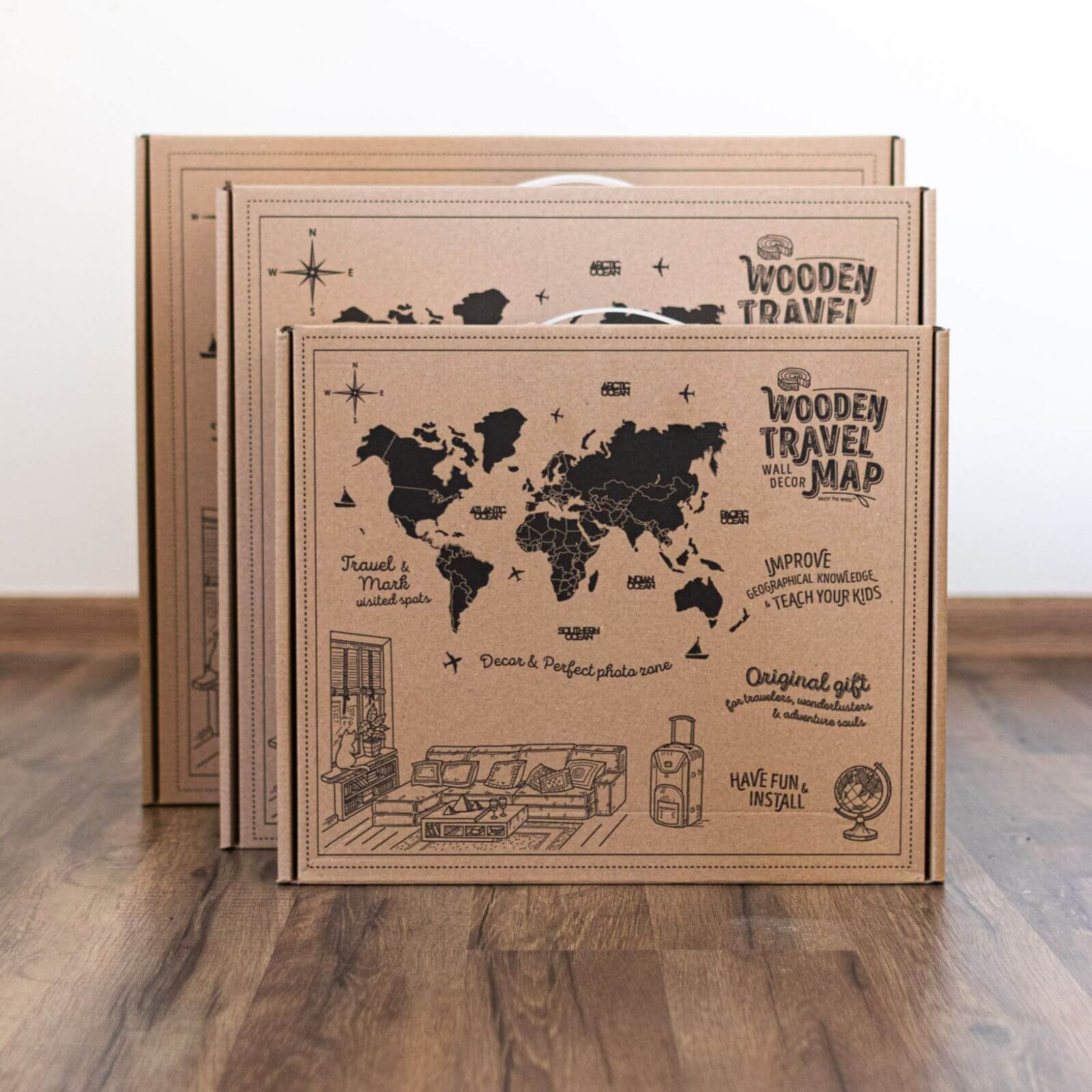 3D Wooden World Map Physical
