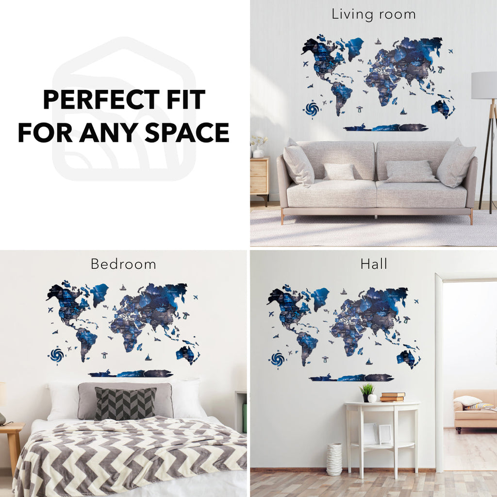3D Luminous Colored Wooden World Map Space