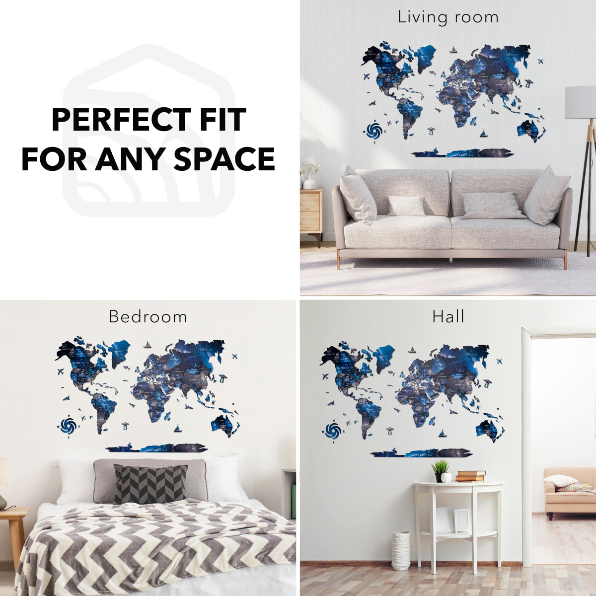 3D Luminous Colored Wooden World Map Space
