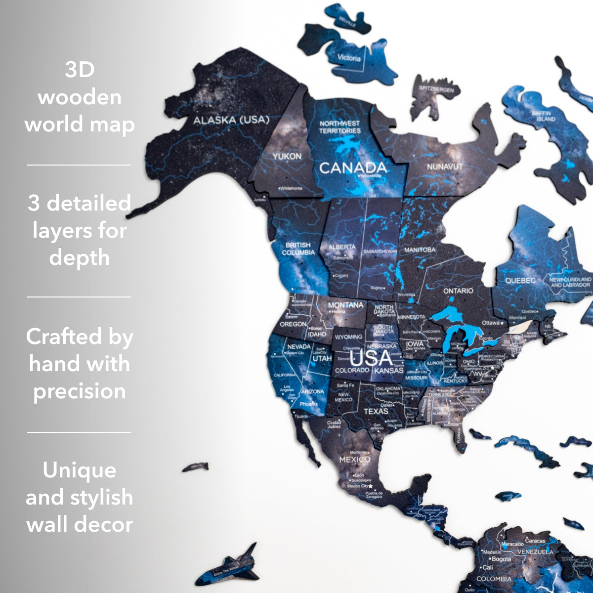 3D Luminous Colored Wooden World Map Space