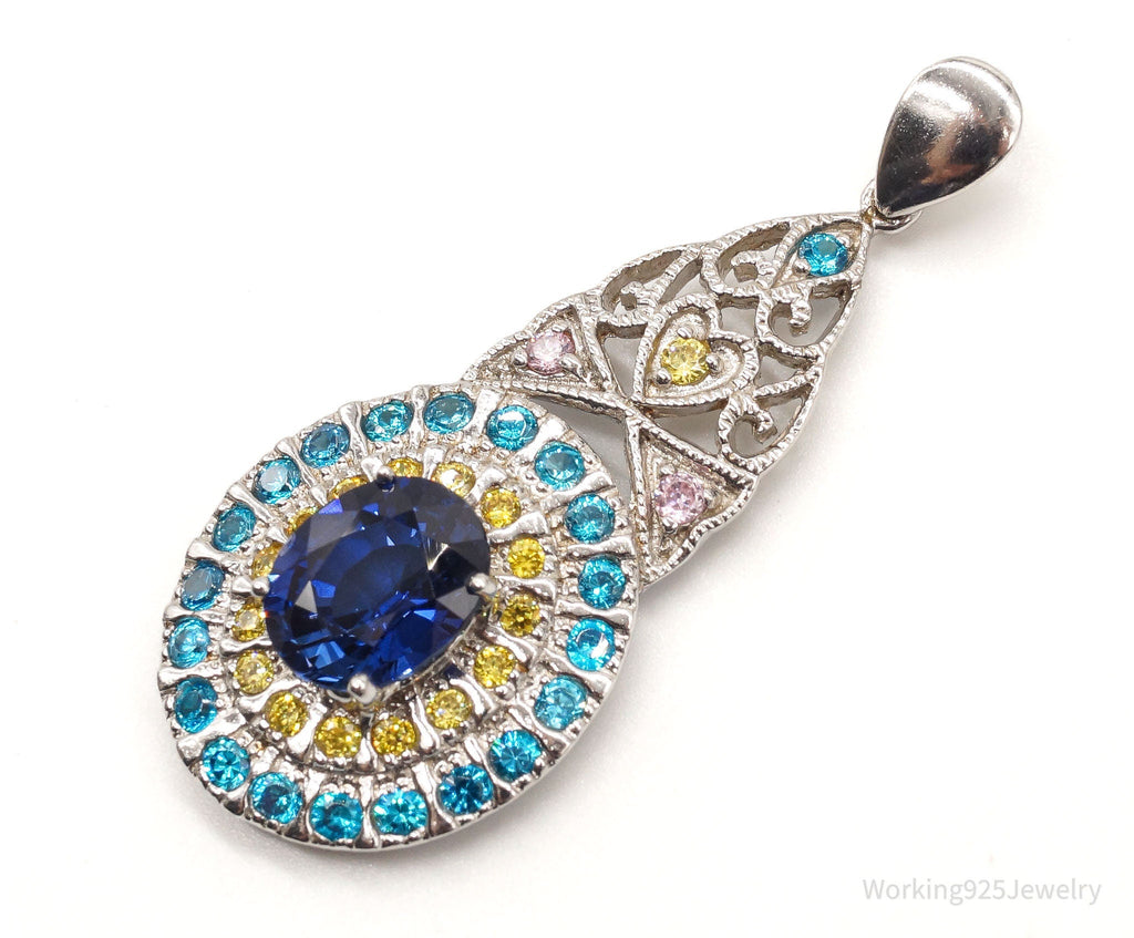 Large Lab Sapphire Multi Color CZ Rhodium Over Sterling Silver Pendant | Jewelry > Necklaces > Pendants | Wiccan Center
