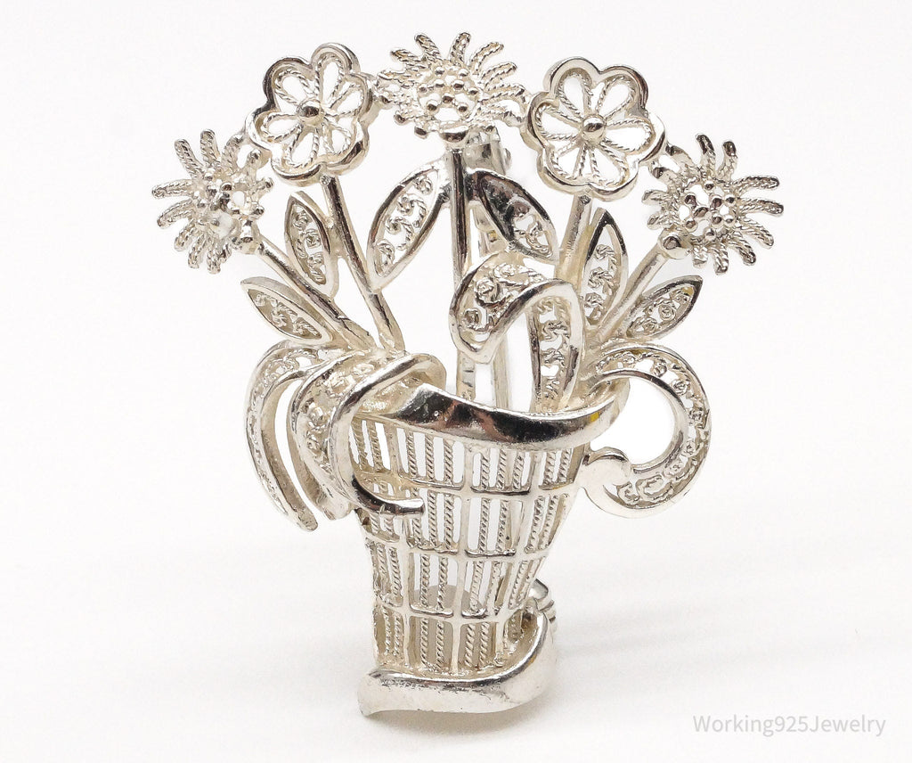Vintage Mid Century German Sterling Silver Flower Basket Brooch Pin | Jewelry > Brooches, Pins & Clips | Wiccan Center