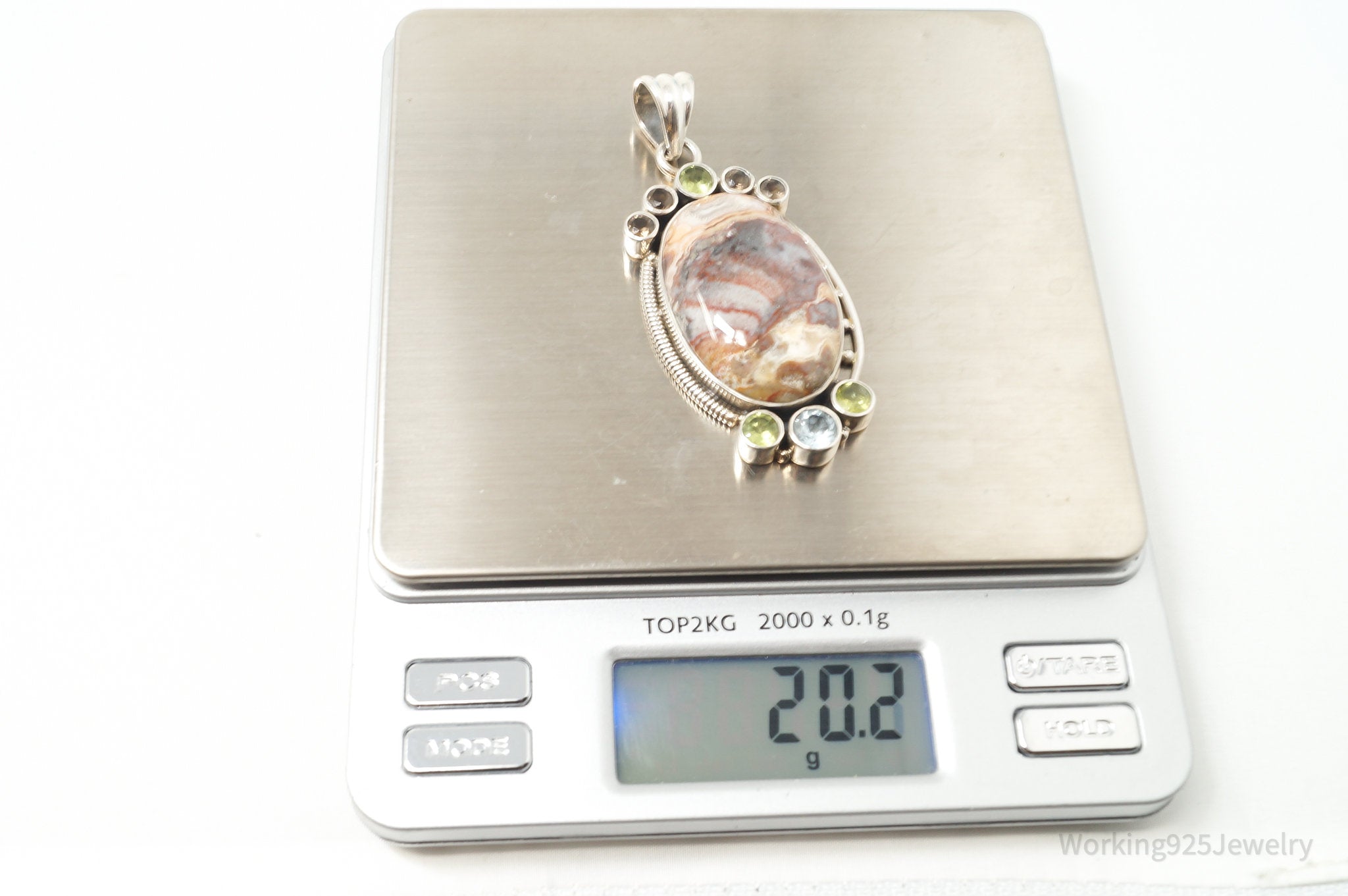 Vintage Large Brown Crazy Lace Agate Peridot Sterling Silver Necklace Pendant | Jewelry > Necklaces > Pendants | Wiccan Center